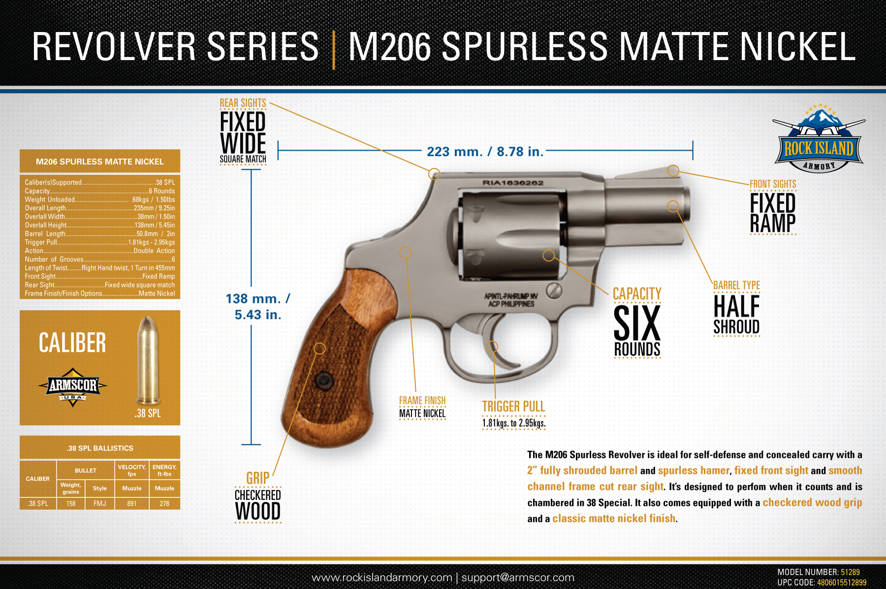 M206 Spurless Matte Nickel 38Spl 6rd
